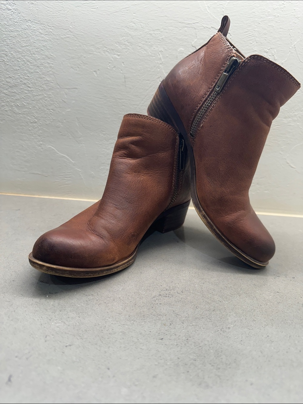 Lucky Brand Cognac Brown Leather Ankle Booties with Side Zip